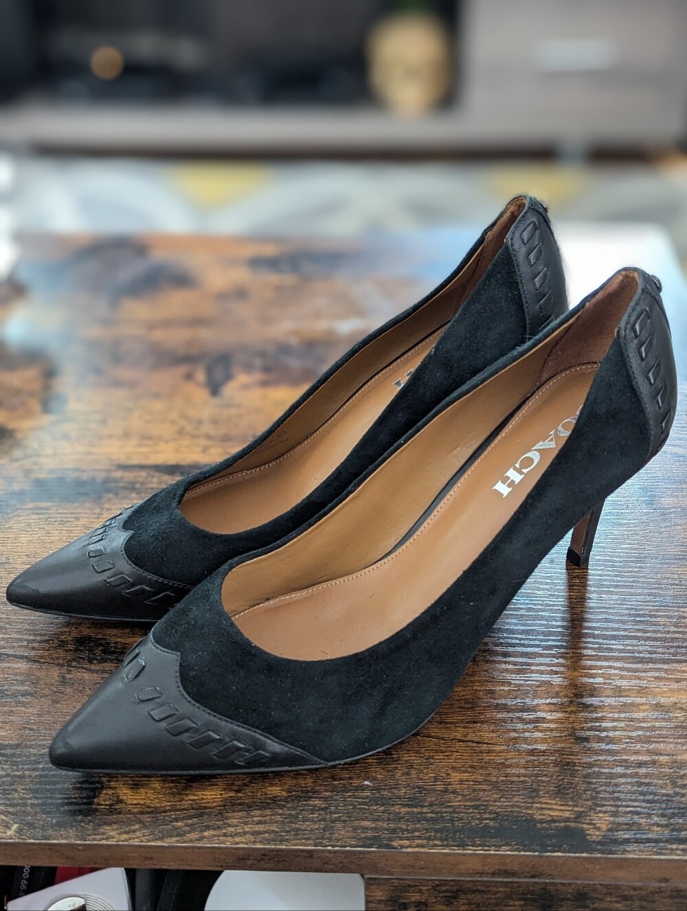 Coach Sophie Black High Heels Stiletto Leather Suede Sz 9.5 Pointy Toe